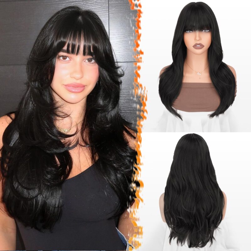 Peruca neagra cu breton, 50 cm, par sintetic stratificat, pentru femei