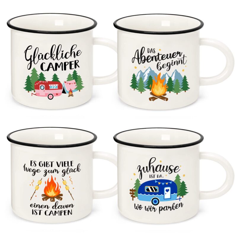 Set 4 cani pentru camping, ceramica, 300 ml, cu mesaje diferite in limba germana