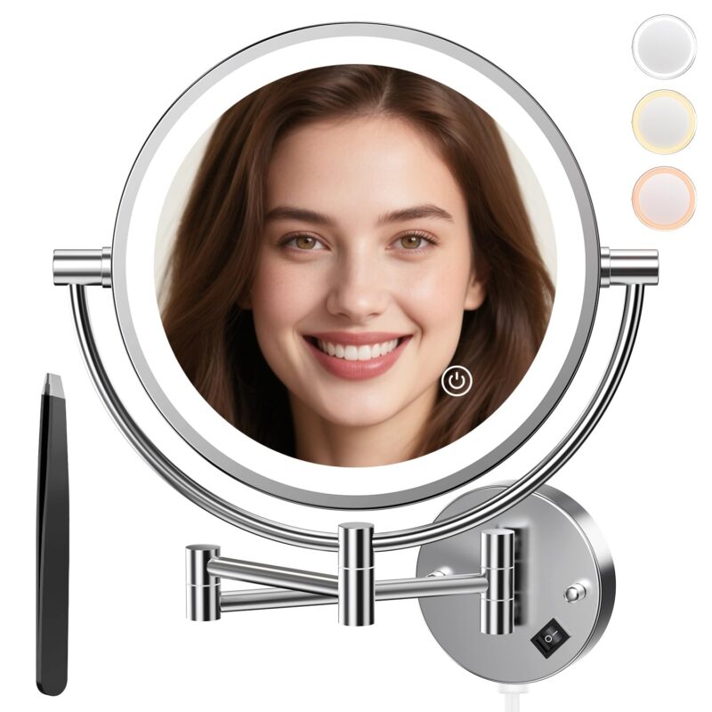 Oglinda cosmetica cu iluminare LED, marire 1X/30X, cu comutator tactil, reglabila in 3 culori, montaj pe perete