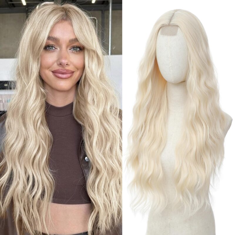 Peruca lunga, blonda, 70 cm, sintetica, carare pe mijloc, blond 613