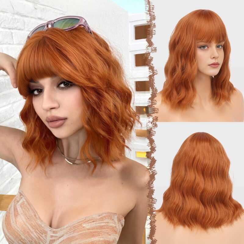 Peruca bob, ondulata, cu breton, par sintetic, portocaliu inchis, 35 cm