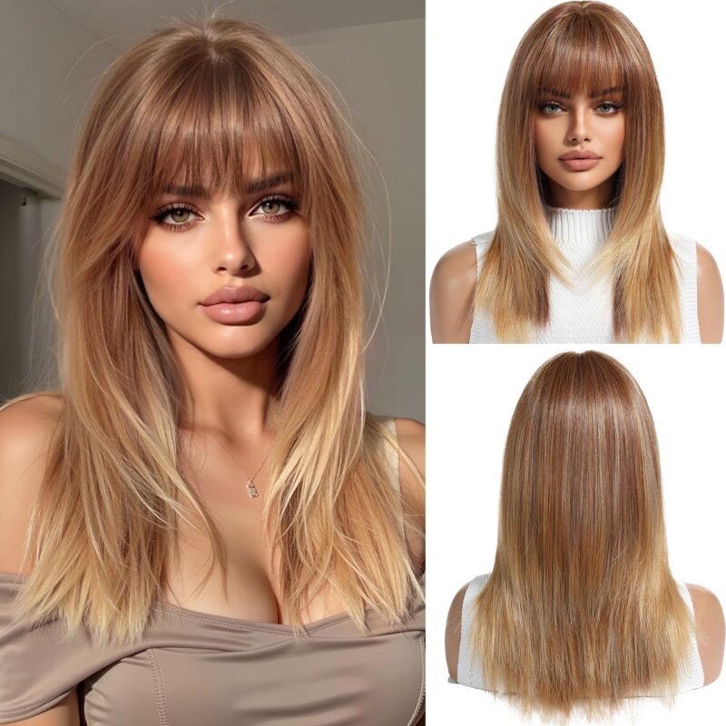 Peruca blond inchis, lungs, dreapts, cu breton, psr sintetic rezistent la caldura, 43 cm