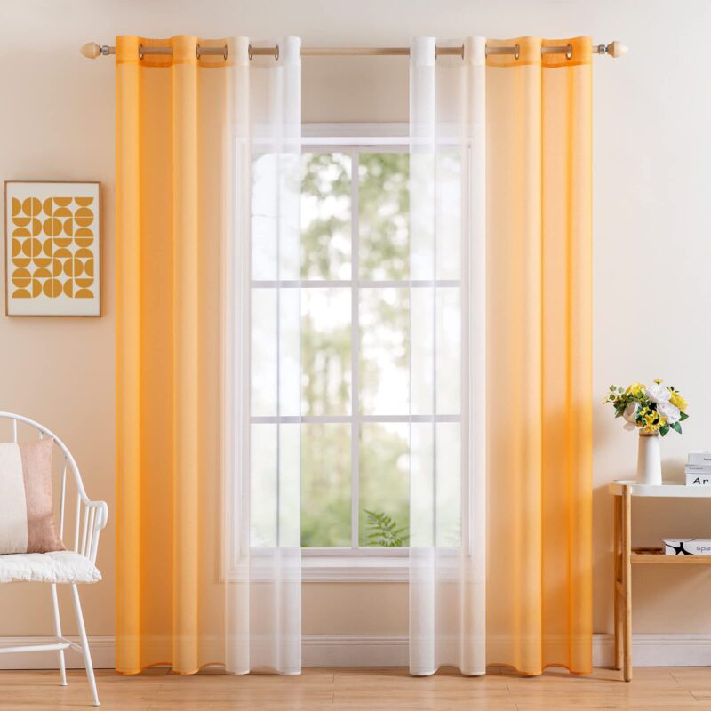Set 2 x perdea, bicolora, cu ocheti, transparenta, 140x225 cm, portocaliu cu alb
