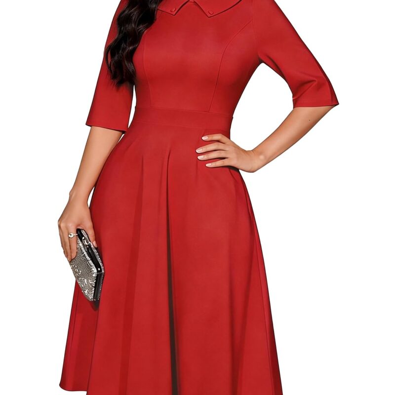 Rochie de cocktail retro, rosie, pana la genunchi, cu maneca 3/4, cu buzunare, rosu, M