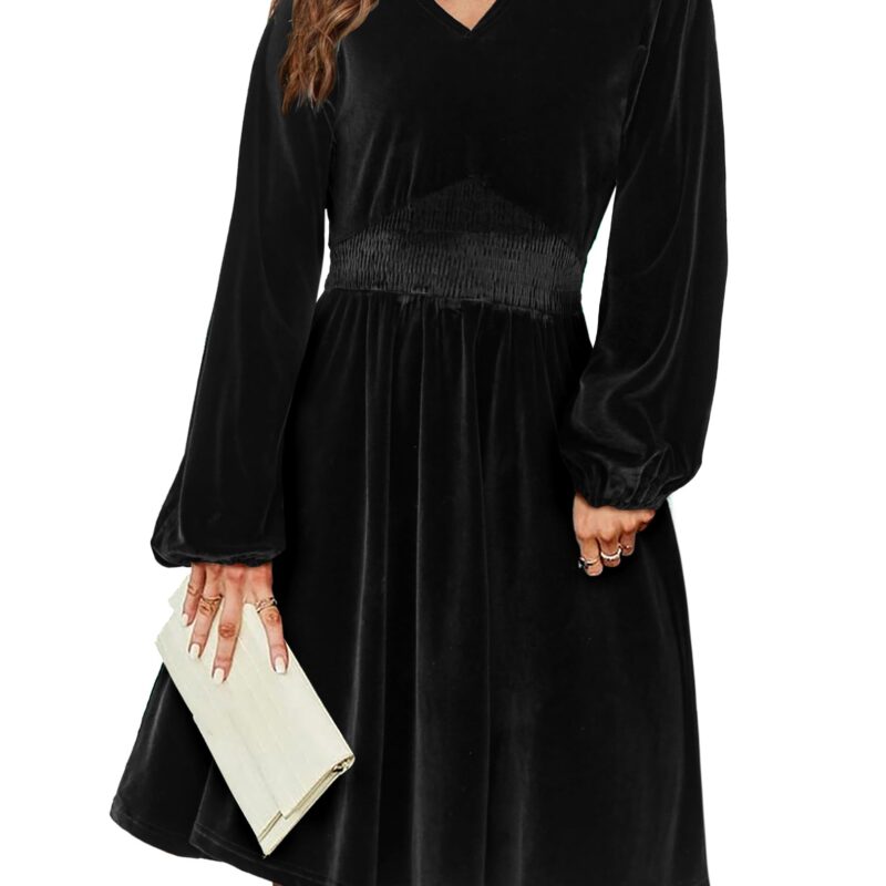 Rochie de cocktail din catifea, cu maneca lunga si decolteu in V, negru, L