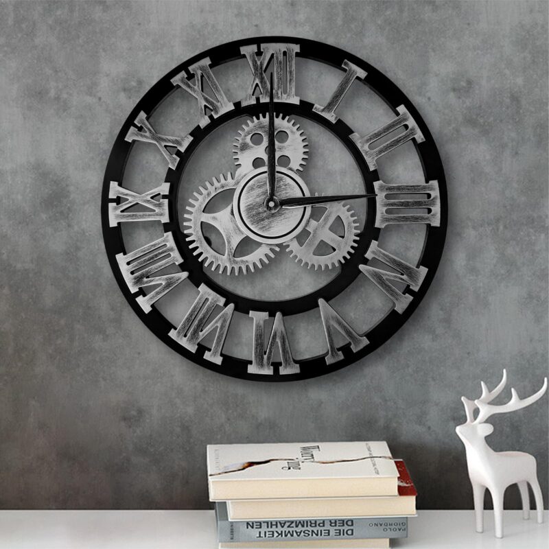 Ceas de perete silentios, design 3D roti dintate retro industrial, silentios, fara ticait, cifre romane argintii, 40 cm