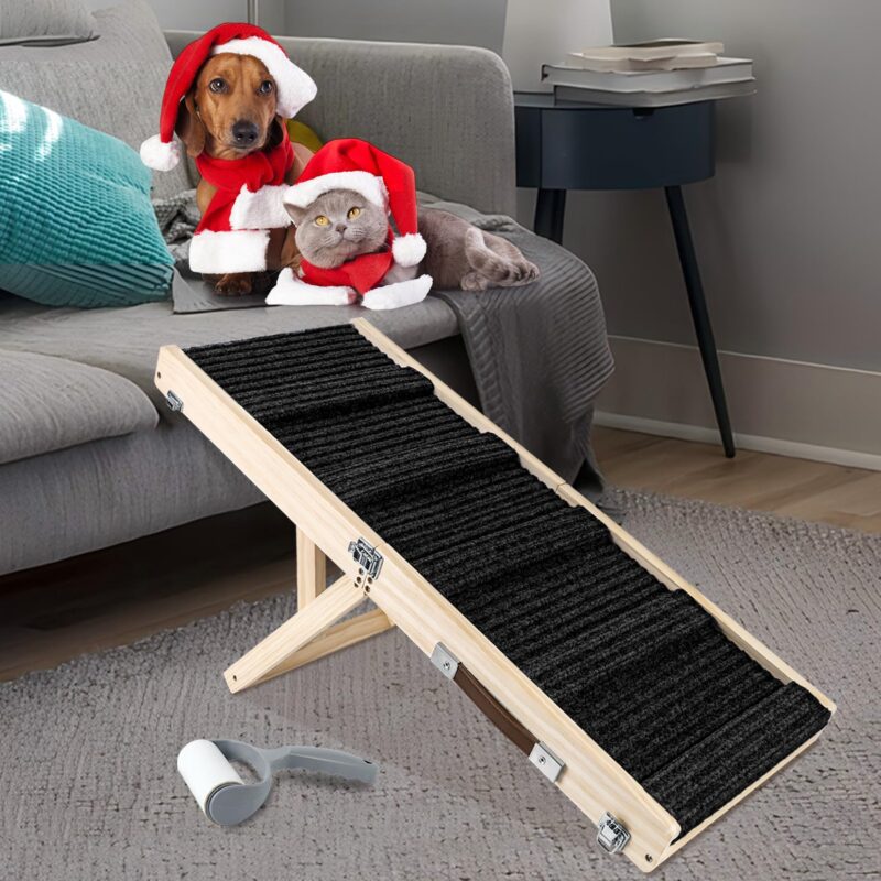 Rampa din lemn pentru animale de companie, pliabila, 4 trepte de inaltime 23 ? 44 cm, cu covoras antiderapant, negru