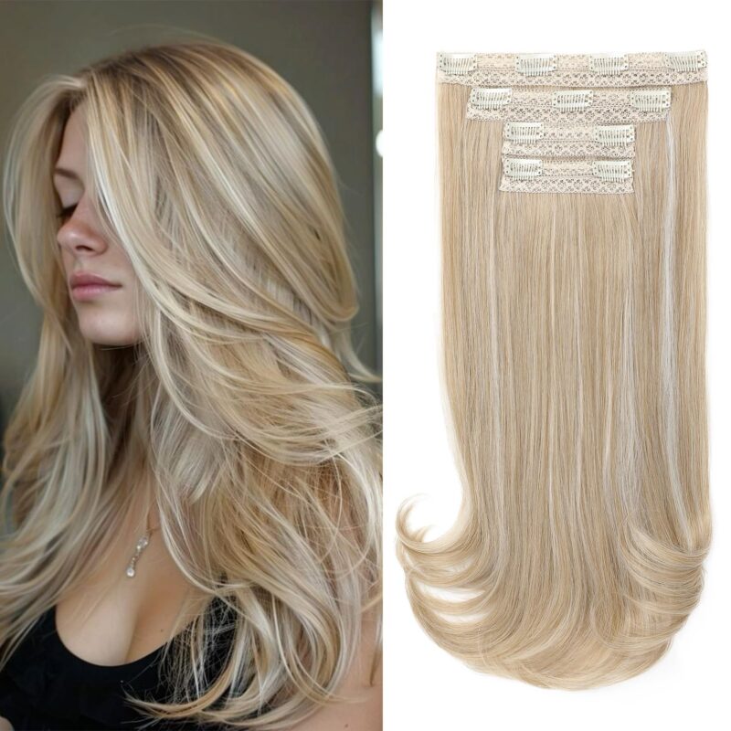 Extensii de par cu clips, 4 buc., in straturi, aspect natural, blond cenusiu cu suvite