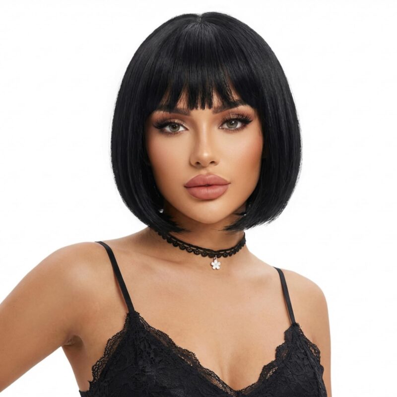 Peruca bob, pentru femei, dreapta, scurta, cu breton, negru, 27 cm