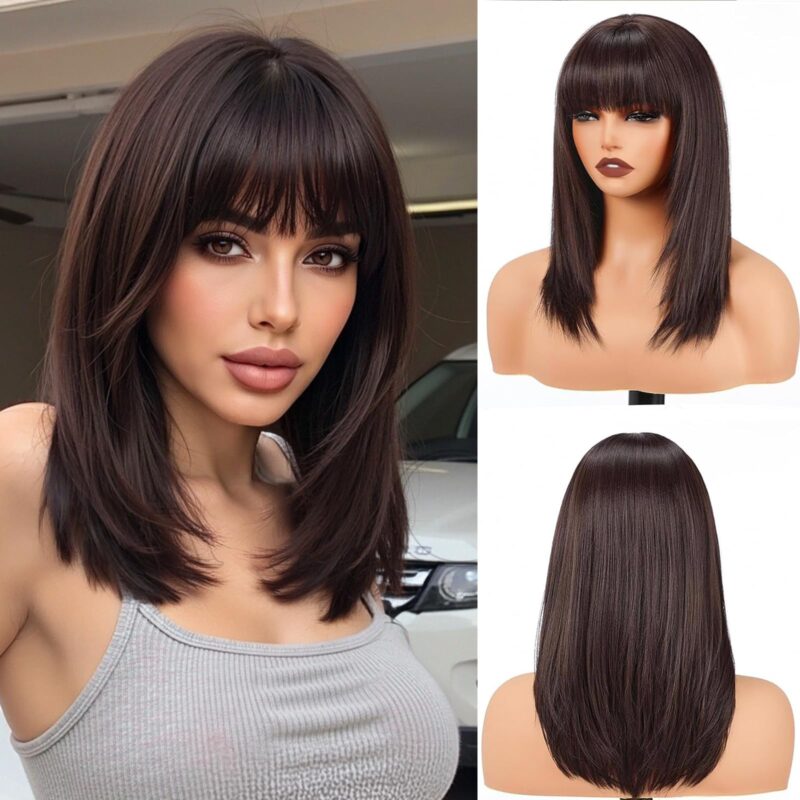 Peruca bob, maro, dreapta, pana la umar, cu breton, pentru femei, 40 cm