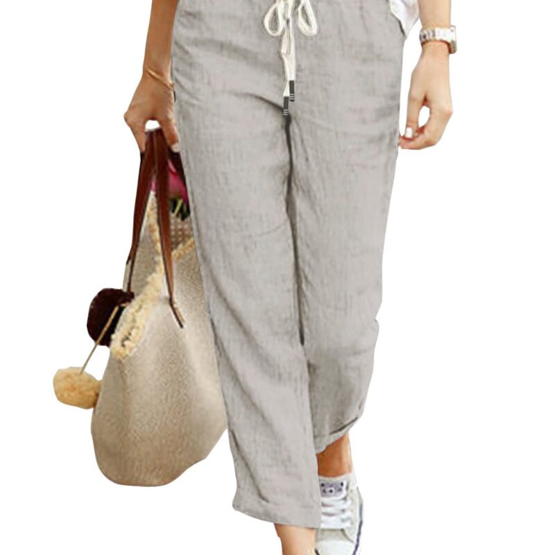 Pantaloni pentru femei, 35% in, 65% bumbac, lungi, usori, lejeri, de vara, casual, cu buzunare, 7/8, gri, L
