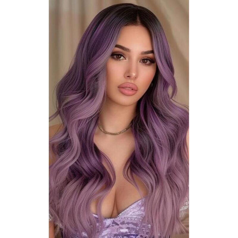Peruca lunga, violet, ondulata, par sintetic, rezistent la caldura, 60 cm
