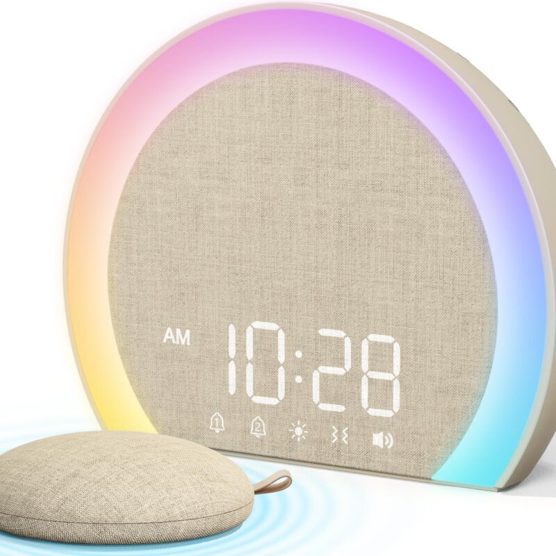 Ceas desteptator extra puternic, cu vibratii wireless, cu lumina de noapte cu 9 culori, alarma dubla, 8 tonuri de alarma, reglare 0-100% a intensitatii sunetului