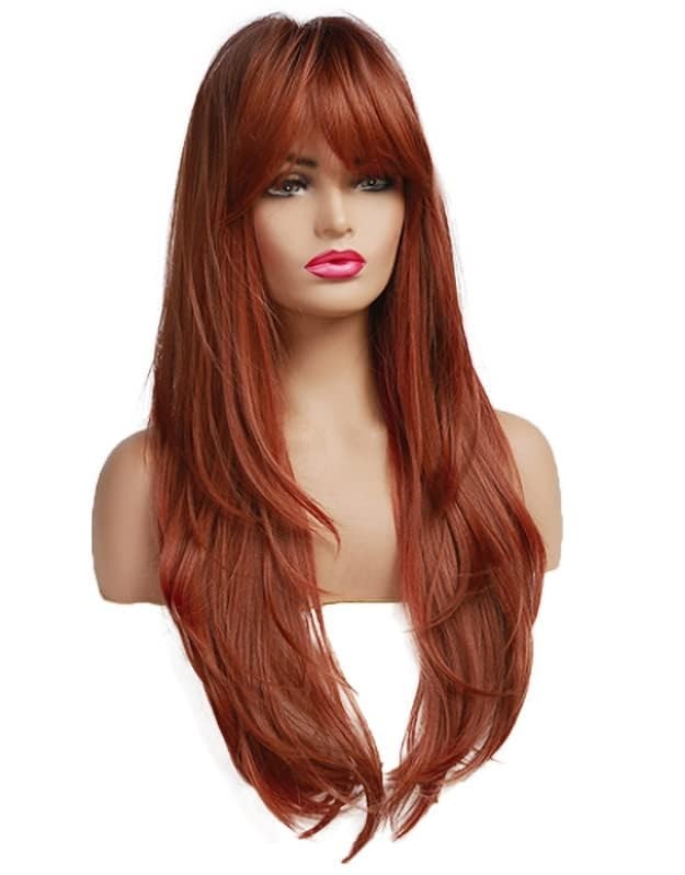 Peruca din par sintetic, drept, castaniu, stratificat, 60 cm, pentru femei, radacini inchise la culoare