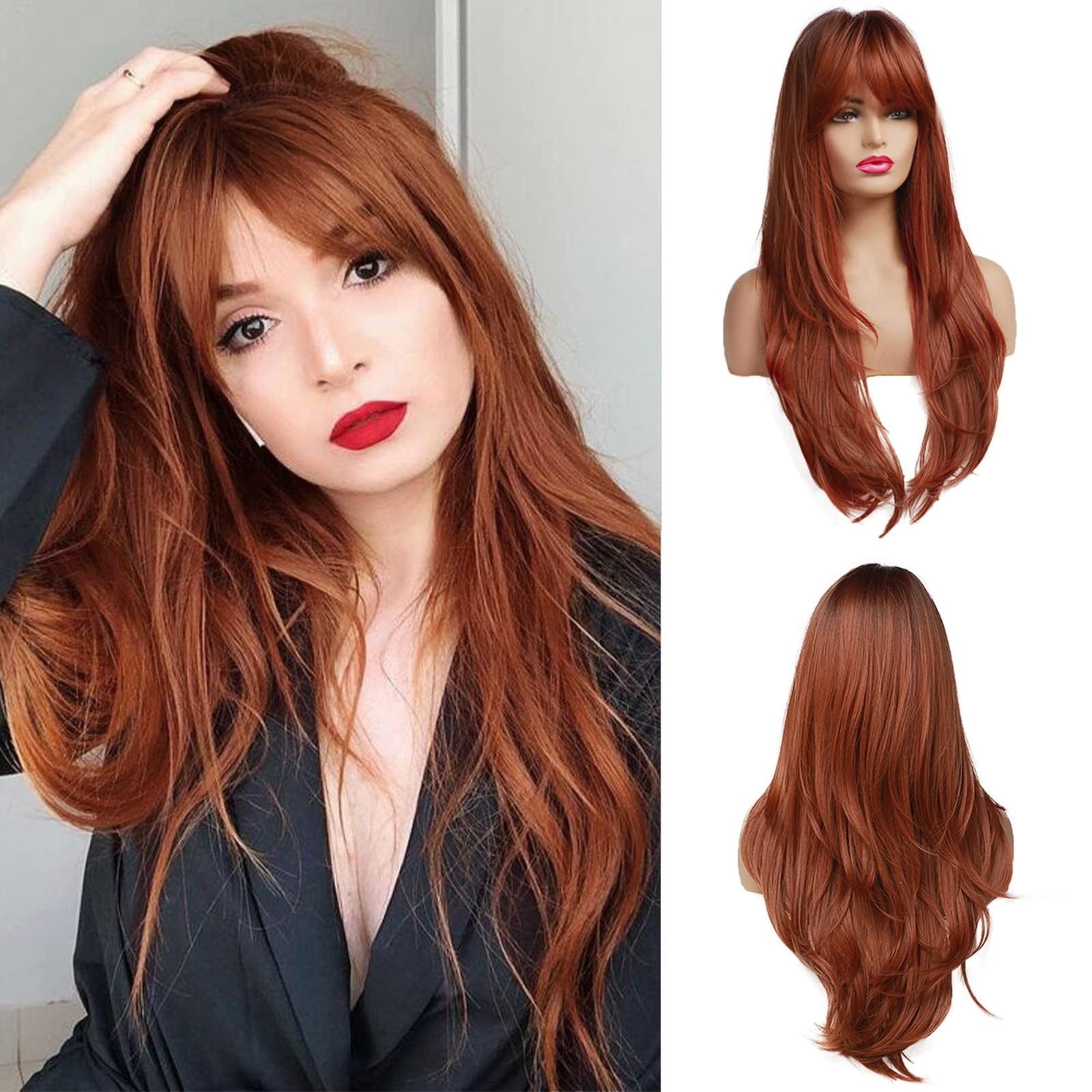 Peruca din par sintetic, drept, castaniu, stratificat, 60 cm, pentru femei, radacini inchise la culoare - imagine 6