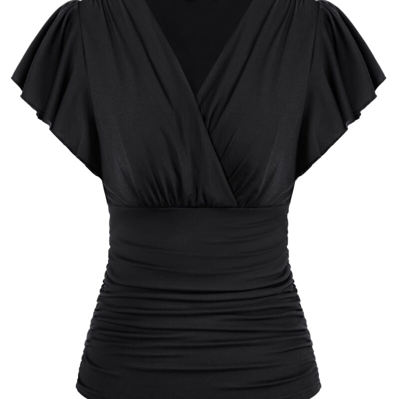 Bluza retro pentru femei, infasurata, cu maneca scurta, negru, XXL