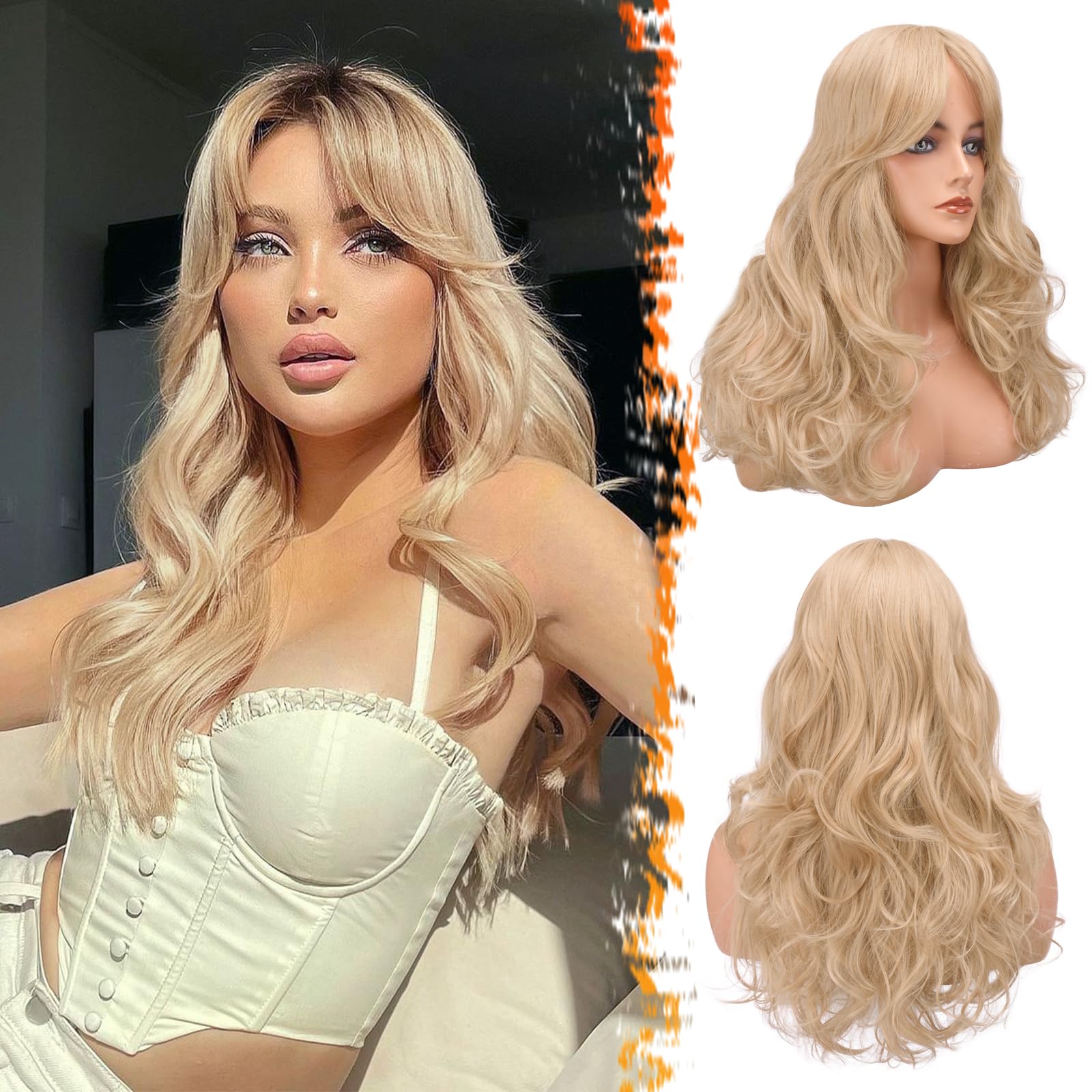 Peruca lunga, blonda, cu breton, 66cm, par sintetic, ondulata, stratificata, aspect natural - imagine 2