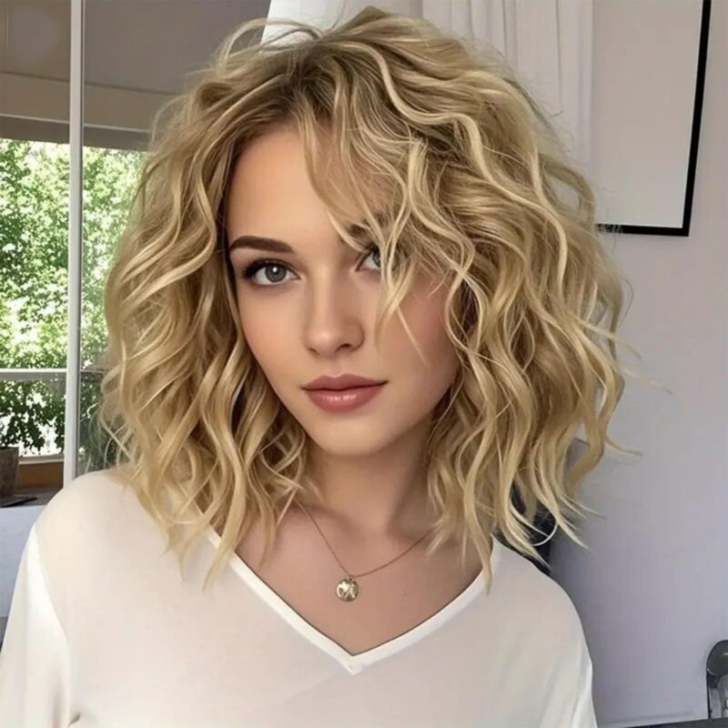 Peruca bob, creata, pentru femei, cu dantela frontala, sintetica, blond miere, 35 cm