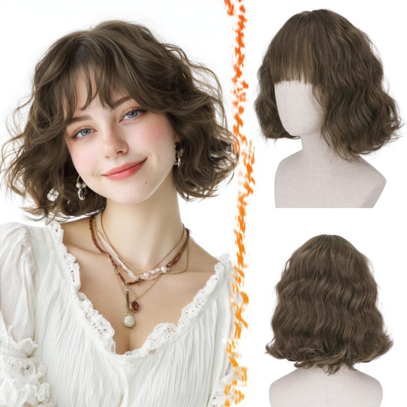 Peruca bob francez, scurta, ondulata, cu breton, par sintetic, brunet, 30 cm