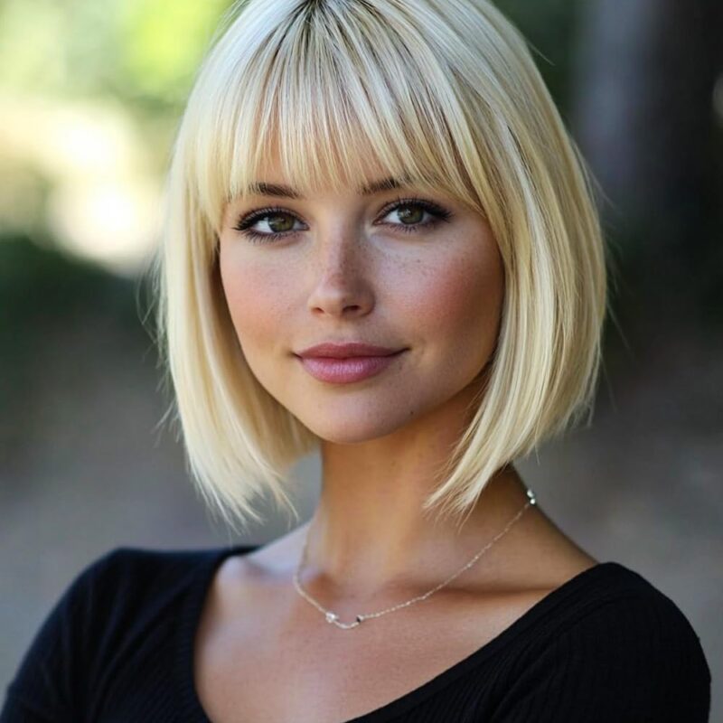 Peruca bob, scurta, cu breton, sintetica, dreapta, blond deschis, 30 cm