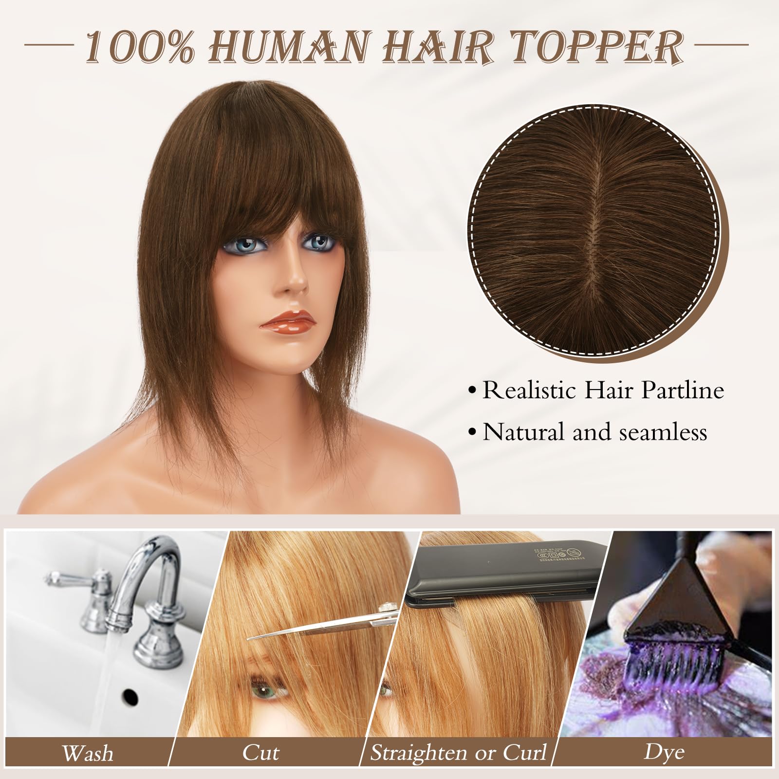 Topper cu clipsuri, 100% par uman, baza de matase, 7.5 x 13cm, lungime 35cm, 45g, saten mediu - imagine 4