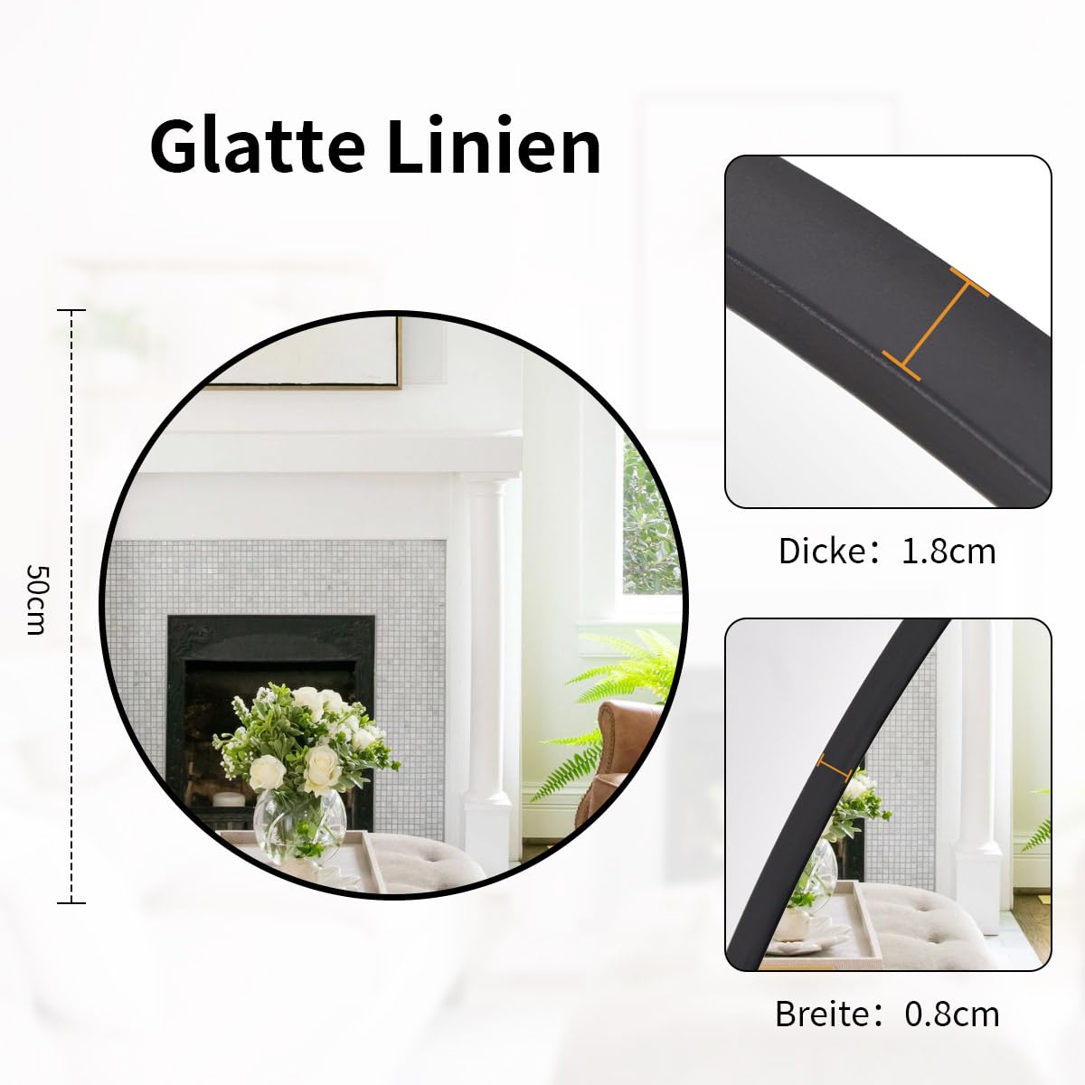 Oglinda rotunda 50cm, de perete, cu rama din aliaj de aluminiu, negru - imagine 4