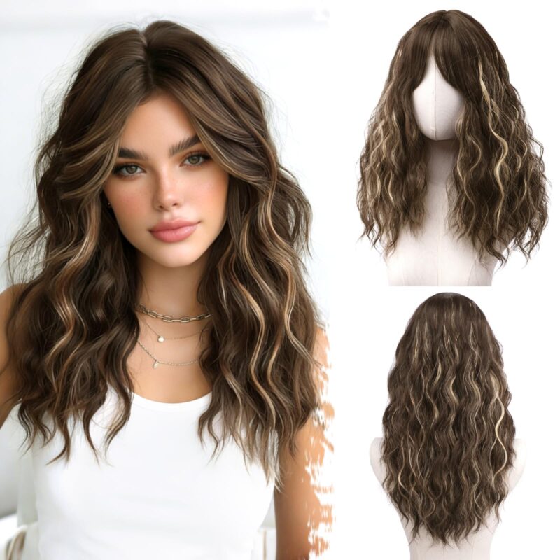 Peruca ondulata, creata, balayage, 50 cm, breton mediu, sintetica, blonda