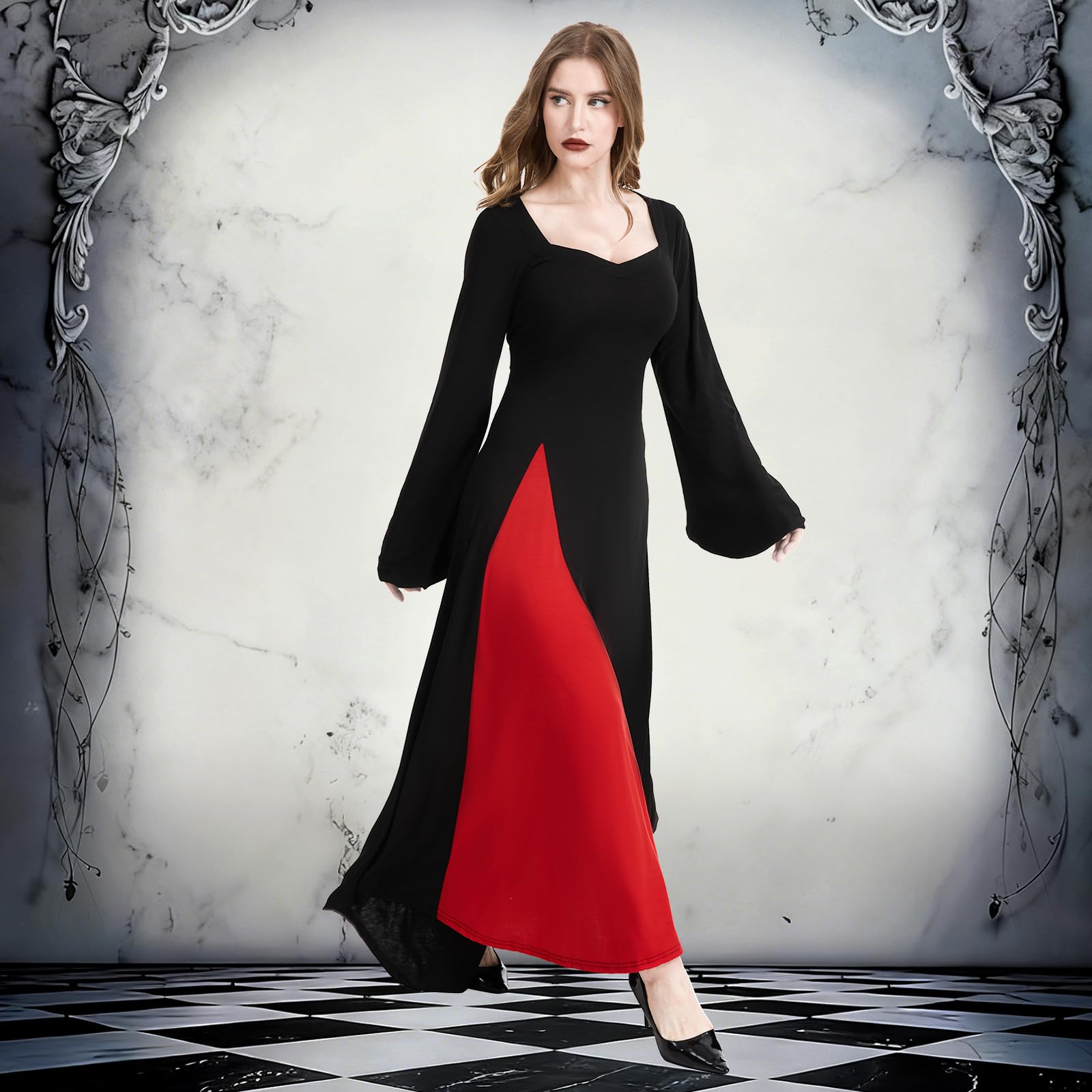 Rochie maxi gotica, cu maneca lunga, captuseala rosie, negru, M - imagine 3