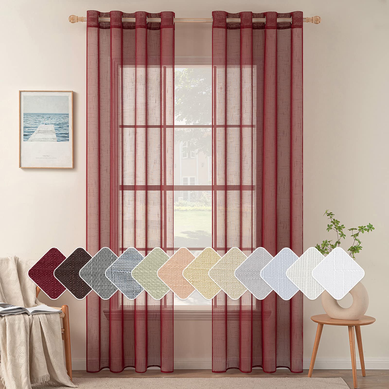 Set de 2 perdele voal transparente cu aspect de in, cu ocheti, rosu, 140 L x175 H cm - imagine 5