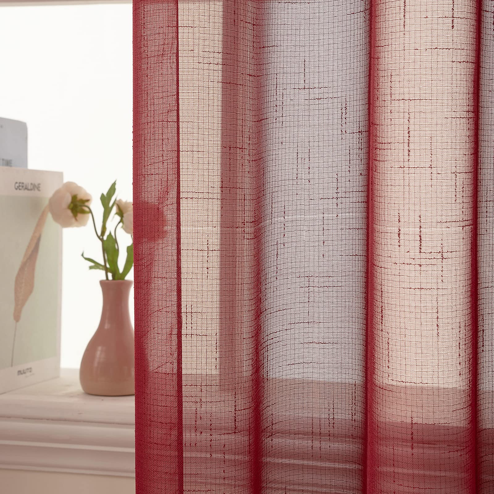 Set de 2 perdele voal transparente cu aspect de in, cu ocheti, rosu, 140 L x175 H cm - imagine 3
