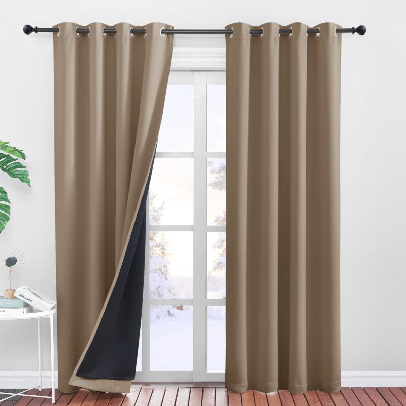 Set de 2 draperii opace cu ocheti, 260 x 140 cm, duble si groase, cu protectie termica, cappuccino