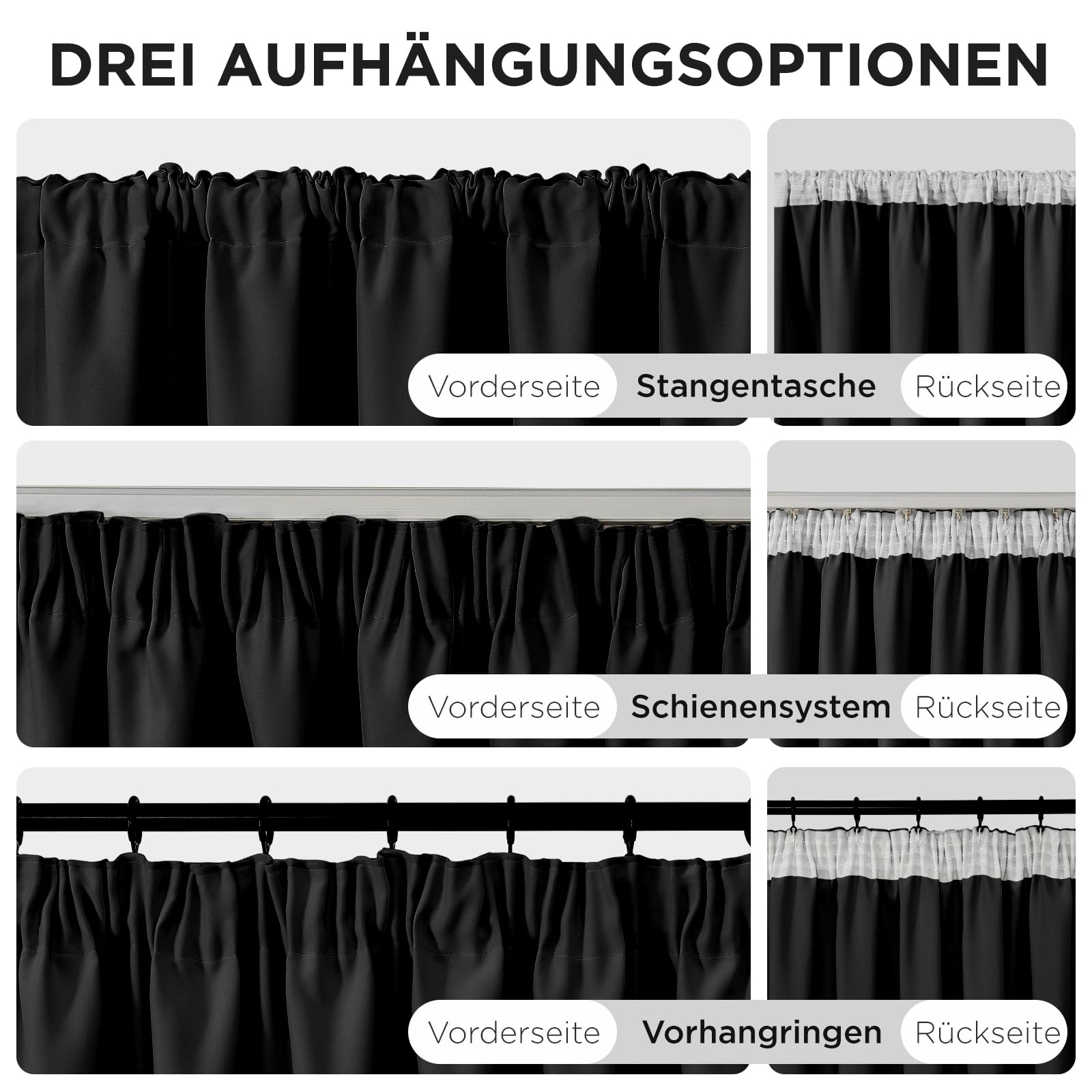 Draperie opace cu rejansa, termo si fono-izolante, 1 buc., 200 H x132 L cm, negru - imagine 5