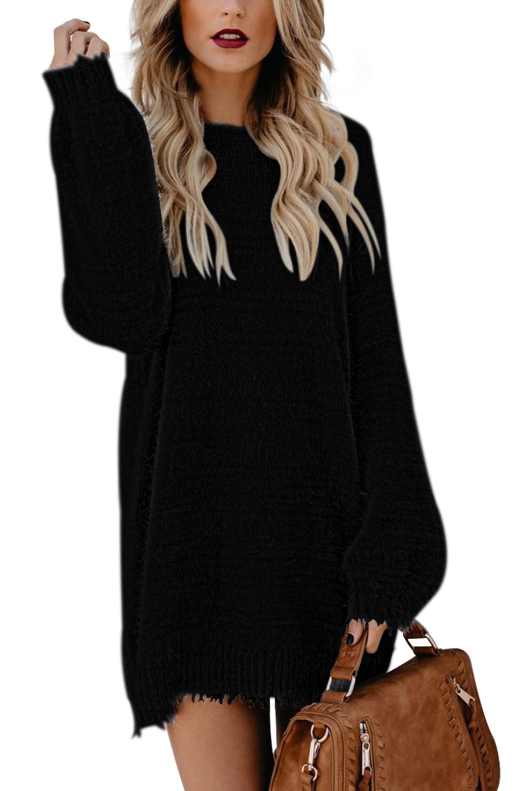Rochie mini tip pulover, pentru femei, maneci bufante supradimensionate, tricotata, pufoasa, negru, XL - imagine 4