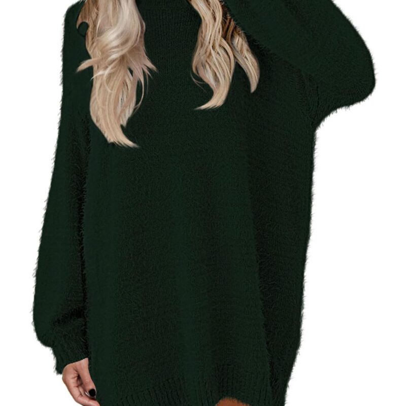 Rochie mini tip pulover, pentru femei, maneci bufante supradimensionate, tricotata, pufoasa, verde inchis, XL