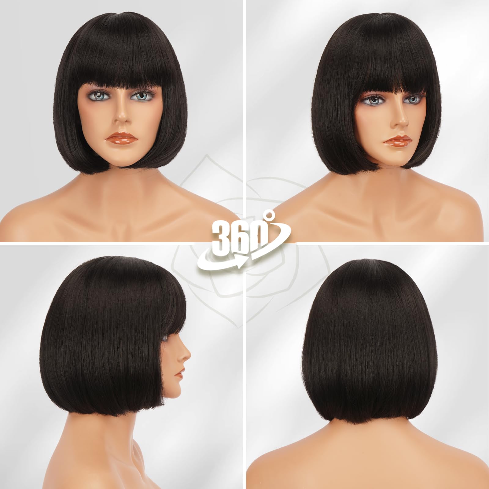 Peruca bob cu breton, 30 cm, par drept sintetic, saten inchis - imagine 5