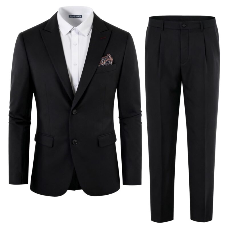 Costum barbatesc din 2 piese, sacou si pantaloni, cu rever crestat, negru, L