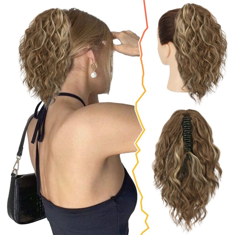 Extensie de par coada de cal, ondulata, cu clema tip gheara, 30 cm, saten si blond