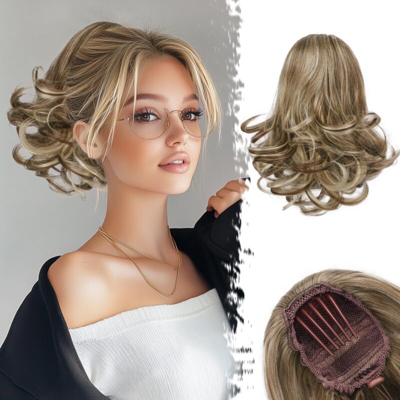 Extensie de par coada de cal, scurta si ondulata, cu clema, 25 cm, sintetica, saten mediu cu suvite