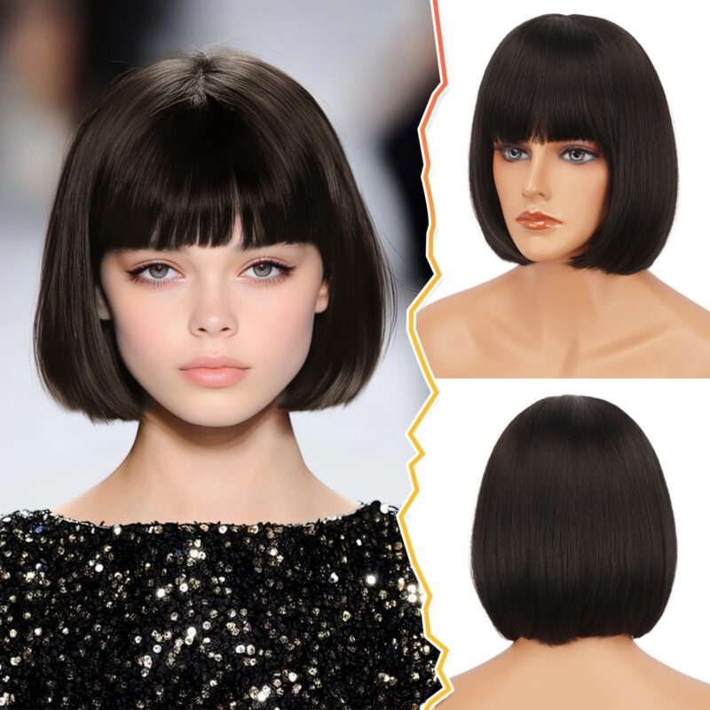 Peruca bob cu breton, 30 cm, par drept sintetic, saten inchis