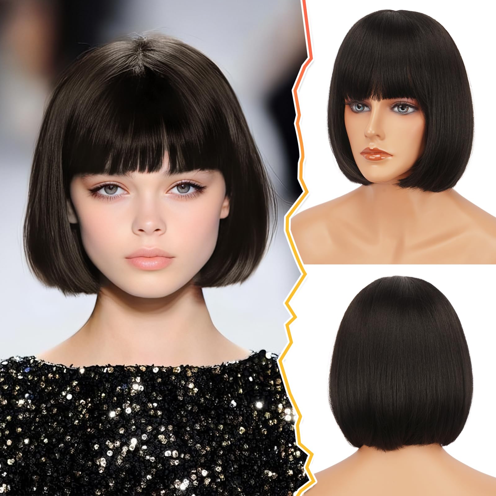 Peruca bob cu breton, 30 cm, par drept sintetic, saten inchis