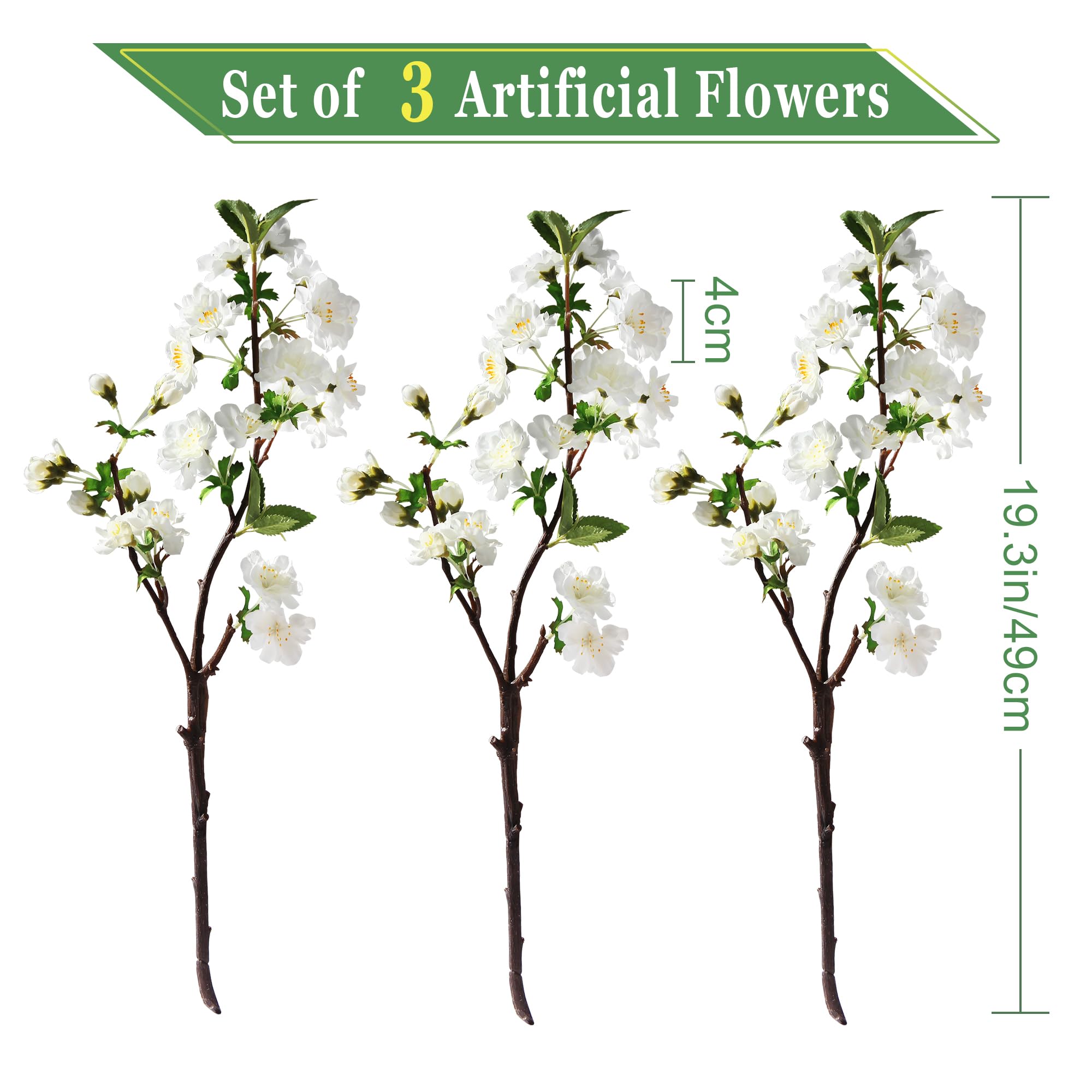3 ramuri artificiale de flori de cires, 49cm, albe - imagine 3