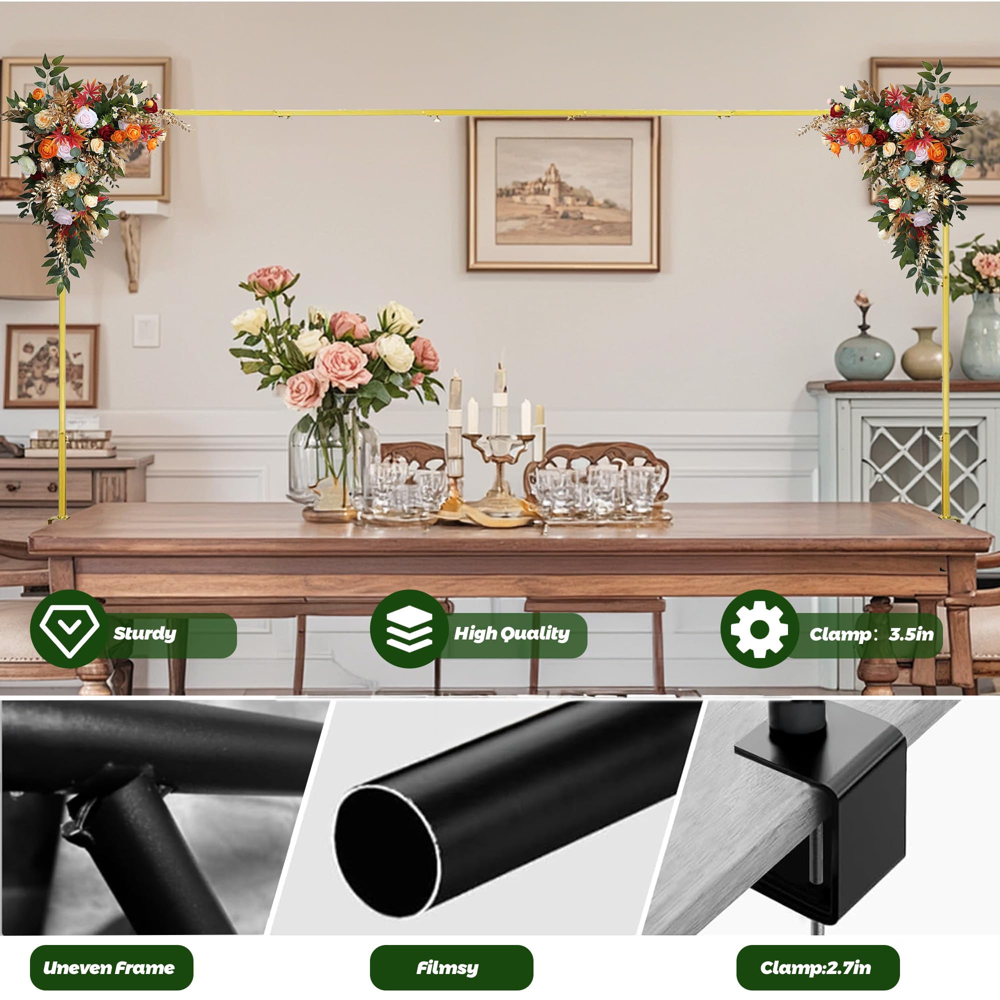 Arcada metalica reglabila, cu cleme, 71 - 108cm inaltime, 73 - 250cm lungime, pentru decorare evenimente, metal auriu - imagine 4