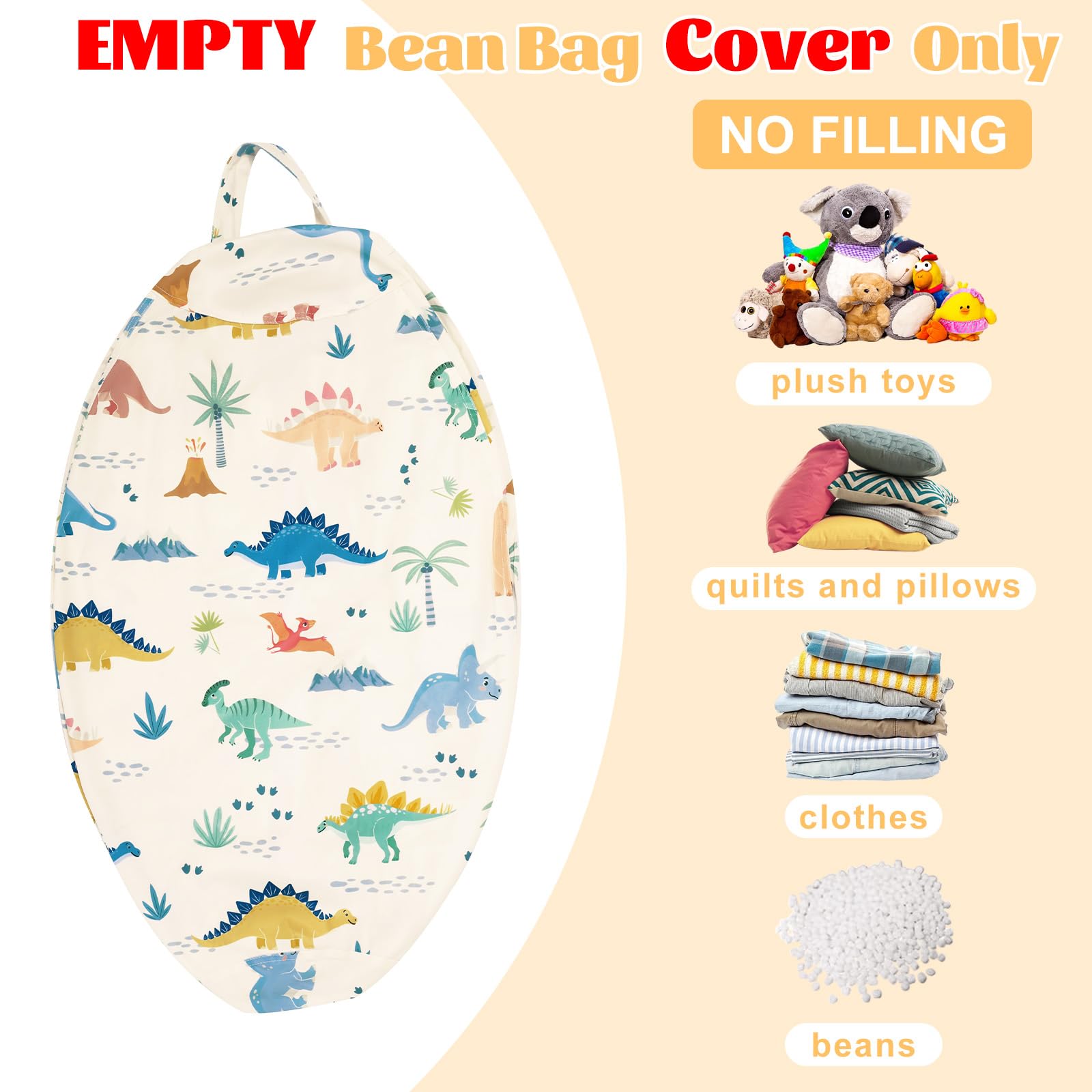 Husa pentru fotoliu tip bean bag, pentru copii, pentru depozitarea animalelor de plus, bej, printuri cu dinozauri - imagine 3