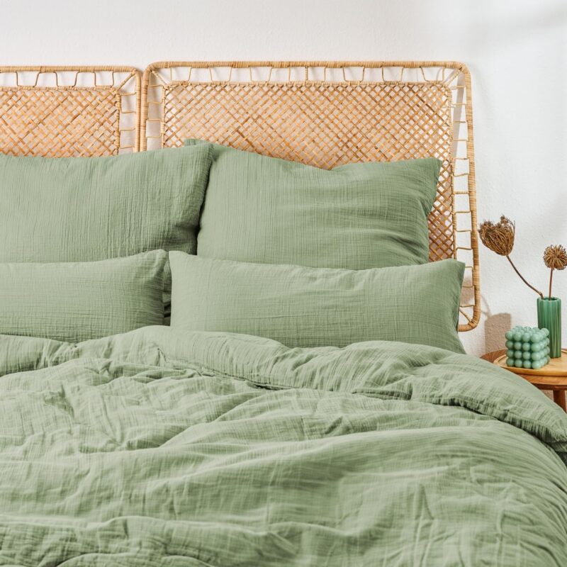 Lenjerie de pat din muselina, certificata Oeko-TEX, husa pilota 155 x 220cm + fata de perna 40 x 80cm, verde vara