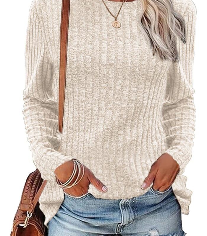 Pulover tricotat, cu maneca lunga si guler rotund, model cu nervuri, toamna / iarna, capuccino, S
