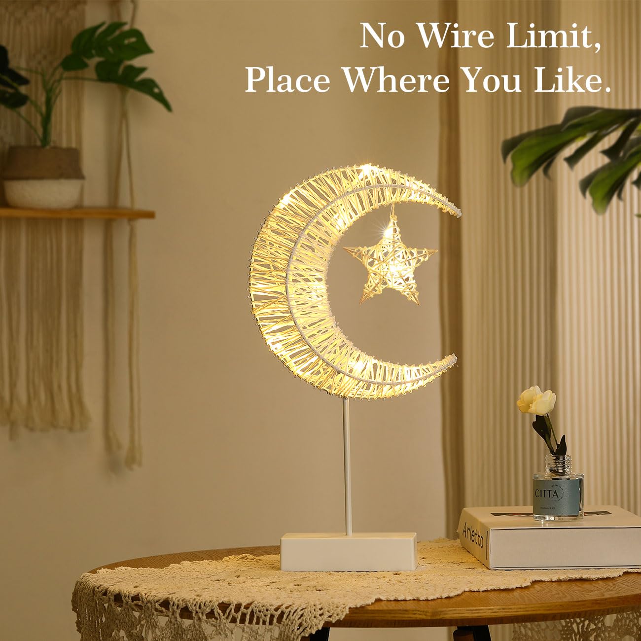 Lampa de masa, LED, decorativa, cu baterii, luna si stea, alb - imagine 4