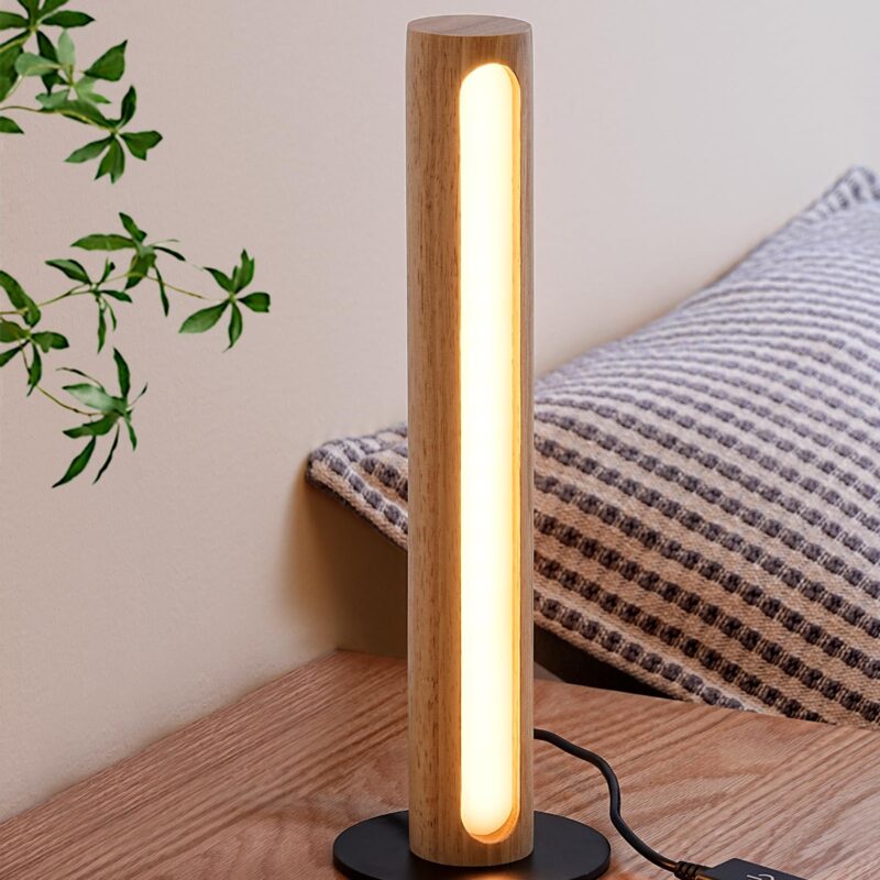 Lampa de masa LED, din lemn, cu reglare tactila, functie de memorie, 3 temperaturi de culoare, dimabila