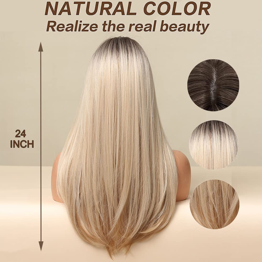 Peruca blonda, lunga, dreapta, 60 cm, cu breton, carare laterala, par sintetic, ombre - imagine 4