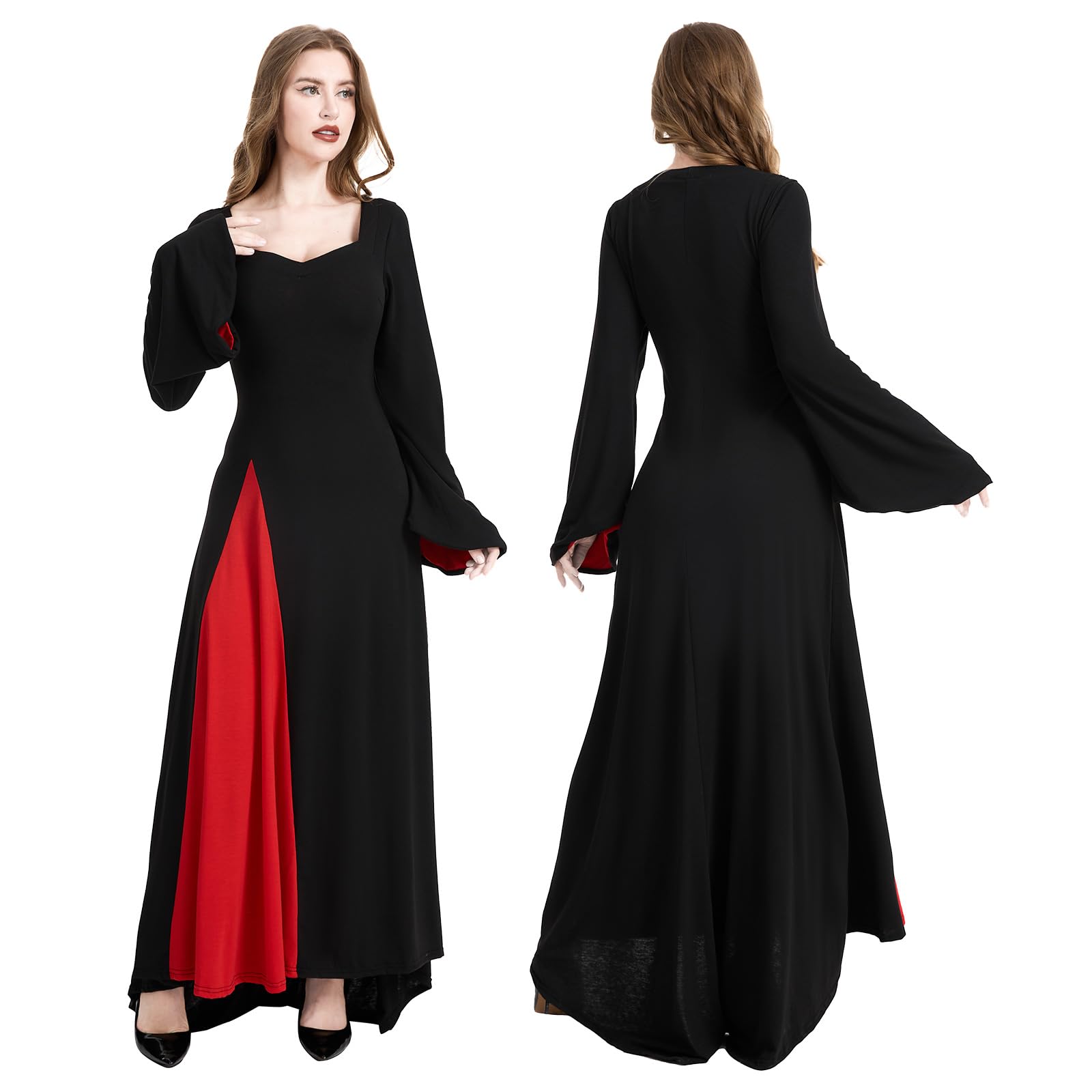 Rochie maxi gotica, cu maneca lunga, captuseala rosie, negru, M - imagine 2