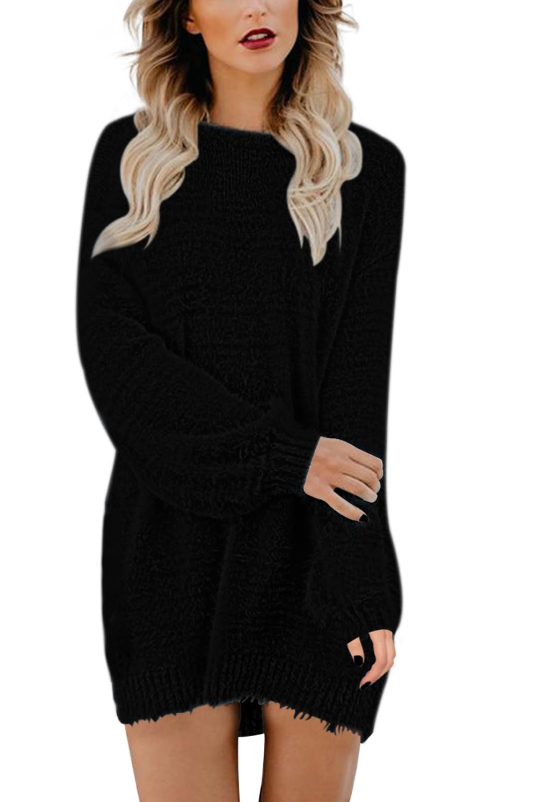 Rochie mini tip pulover, pentru femei, maneci bufante supradimensionate, tricotata, pufoasa, negru, XL - imagine 2